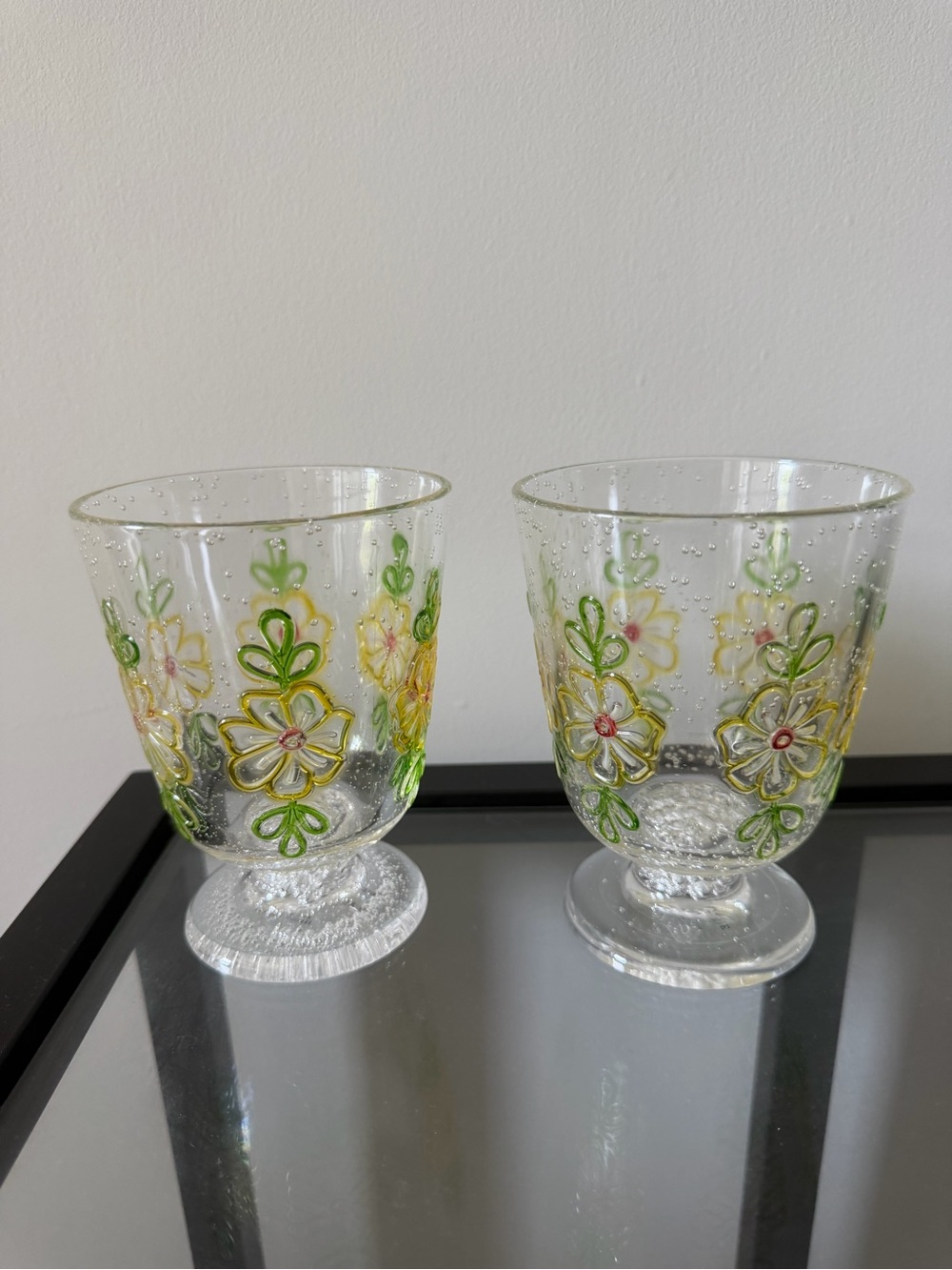 Anthropologie Acrylic Hand-Painted Floral Bubble Glass Goblets - Yellow & Green